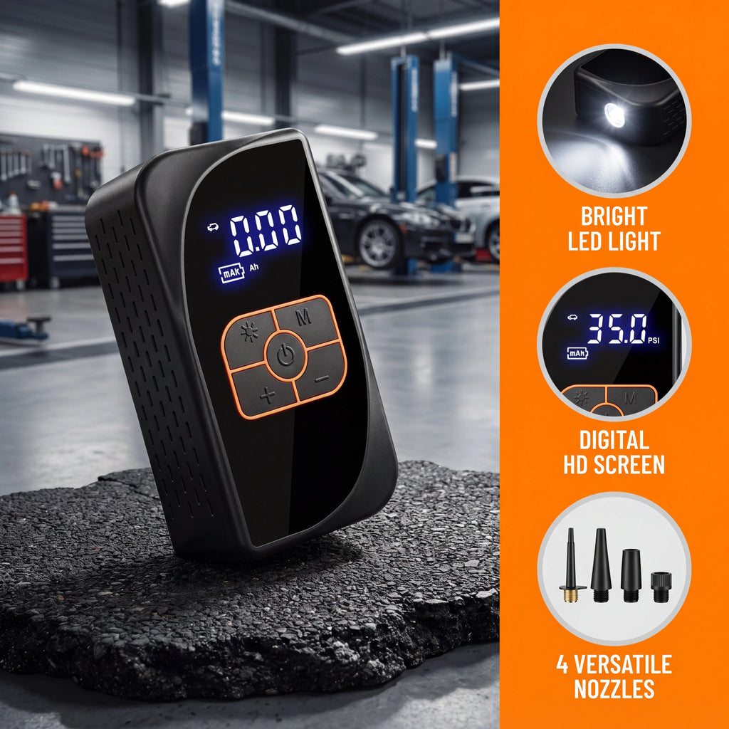Car Tire Inflator Portable Air Pump 150PSI 4500mAh Battery Power Bank Dual Charge DC12V Type-C LED SOS Light