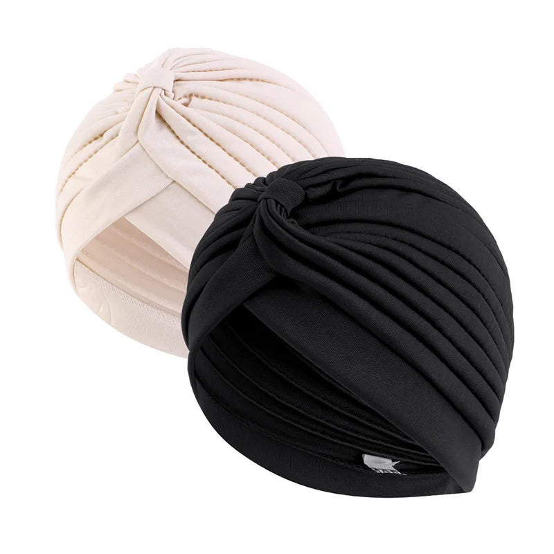 2pcs/lot Stretch Turbans Head Beanie Cover Twisted Pleated Headwrap Assorted Colors Hair Cover Beanie Hats for Women Girls