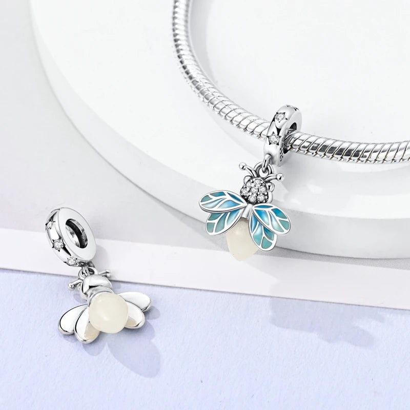Original 925 Sterling Silver Charm Beads Glowing Luminous Firefly Butterfly Pendant for Bracelet Charm Jewelry
