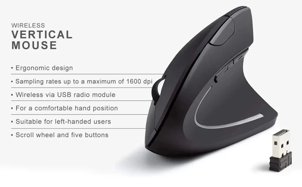 Vertical Mouse Ergonomic 2.4GHz Wireless Optical Mice 3 Adjustable DPI 800/1200/1600 6 Buttons for Laptop PC Computer