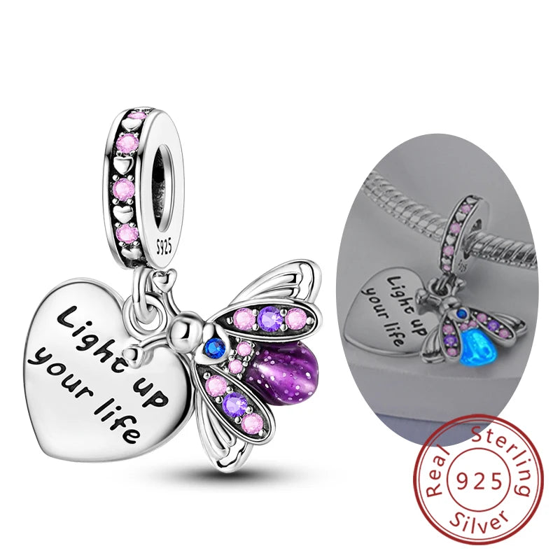 Original 925 Sterling Silver Charm Beads Glowing Luminous Firefly Butterfly Pendant for Bracelet Charm Jewelry