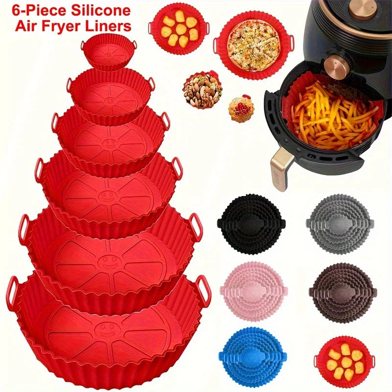 6 PC Air Fryer Mats - 450°F Silicone Non-Stick Dual Texture Dishwasher Safe Crispy/Steam Cooking