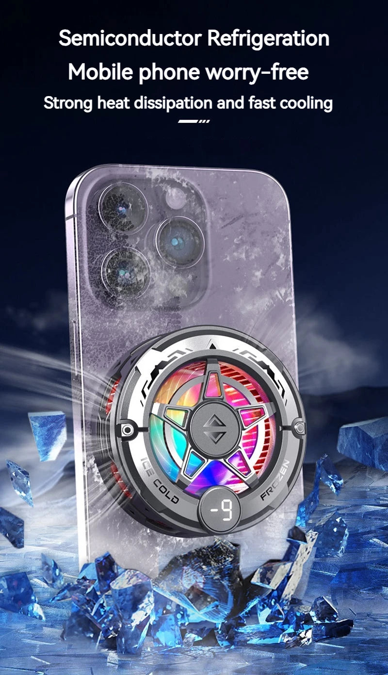 Universal Phone Cooler for Gaming, Magnetic Semiconductor Cooling Fan with Digital Display RGB Lights