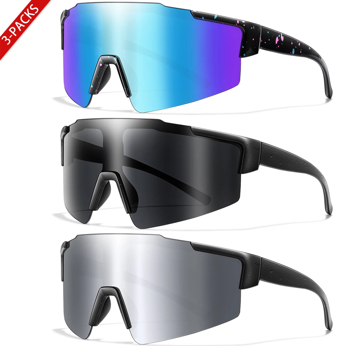 3 Pairs Fishing Sunglasses Sports Men Women Bike Glasses Cycling Mtb Bicycle Eyewear Large Windproof Goggles UV400