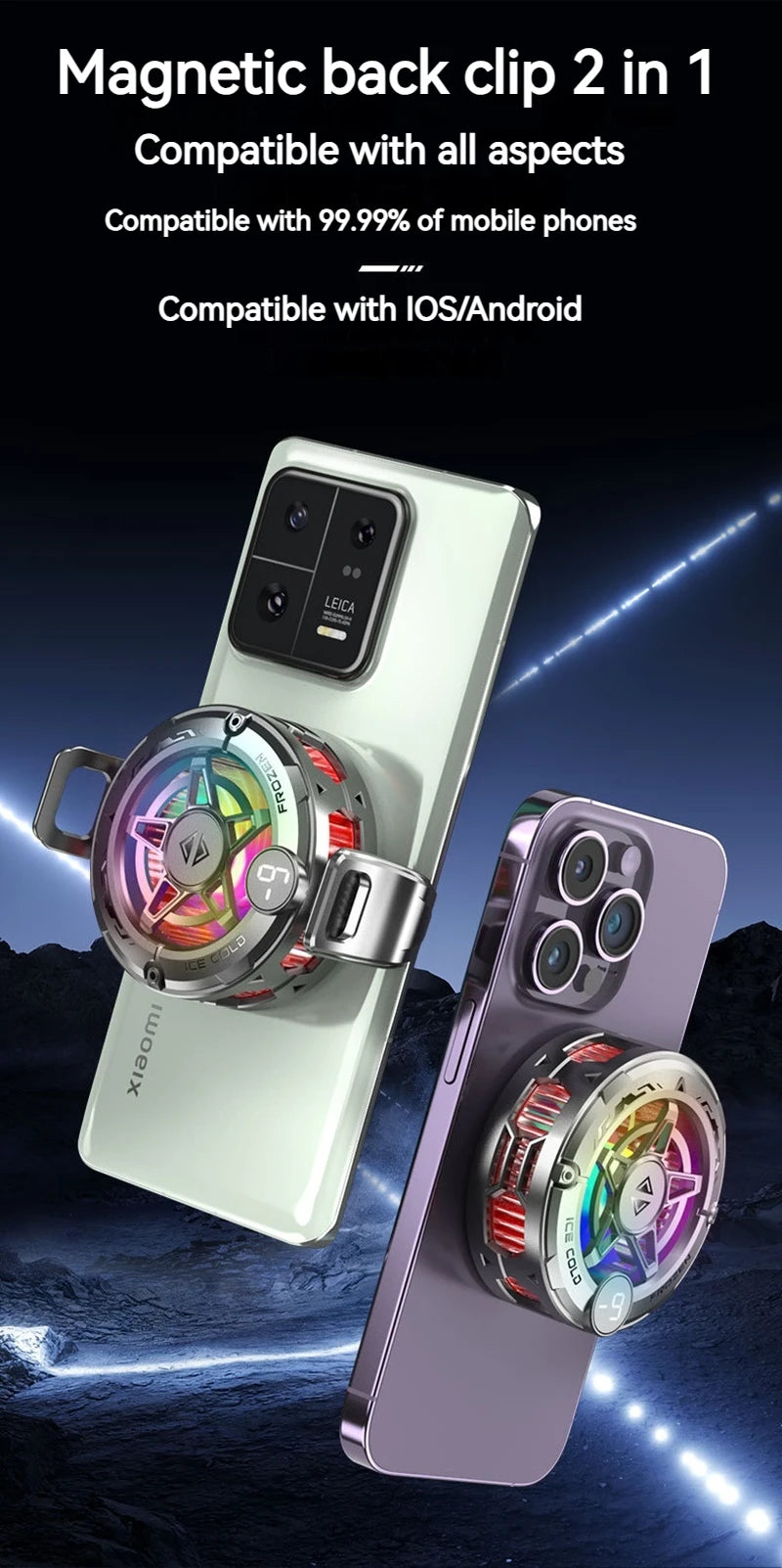 Universal Phone Cooler for Gaming, Magnetic Semiconductor Cooling Fan with Digital Display RGB Lights