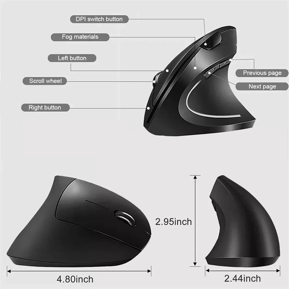 Vertical Mouse Ergonomic 2.4GHz Wireless Optical Mice 3 Adjustable DPI 800/1200/1600 6 Buttons for Laptop PC Computer