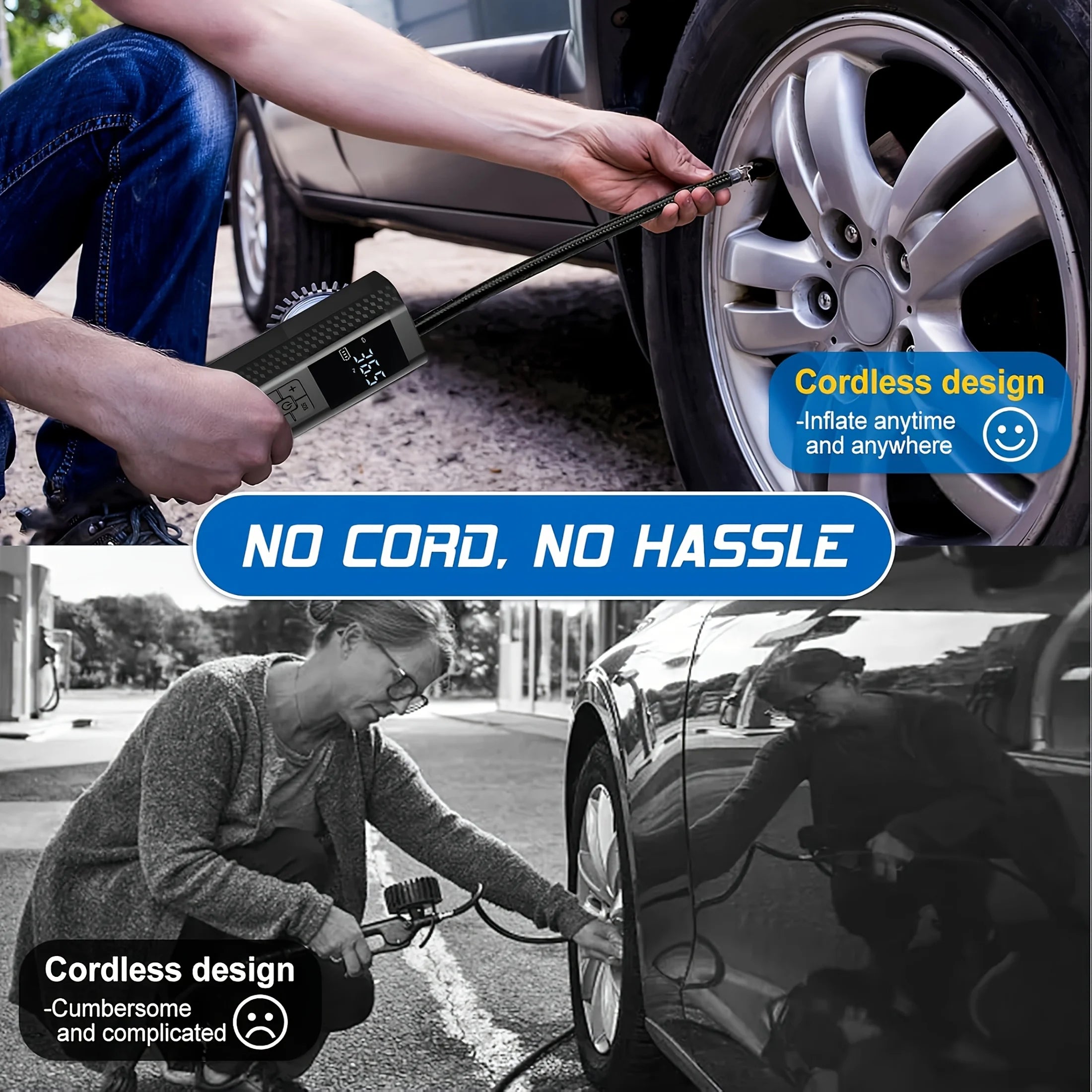Compact cordless air compressor with its integrated emergency LED flashlight turned on at night.