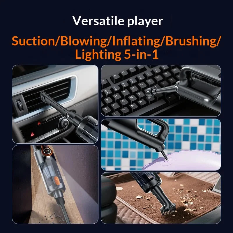 Cordless car vacuum cleaner showing 17000Pa suction power and compact design
