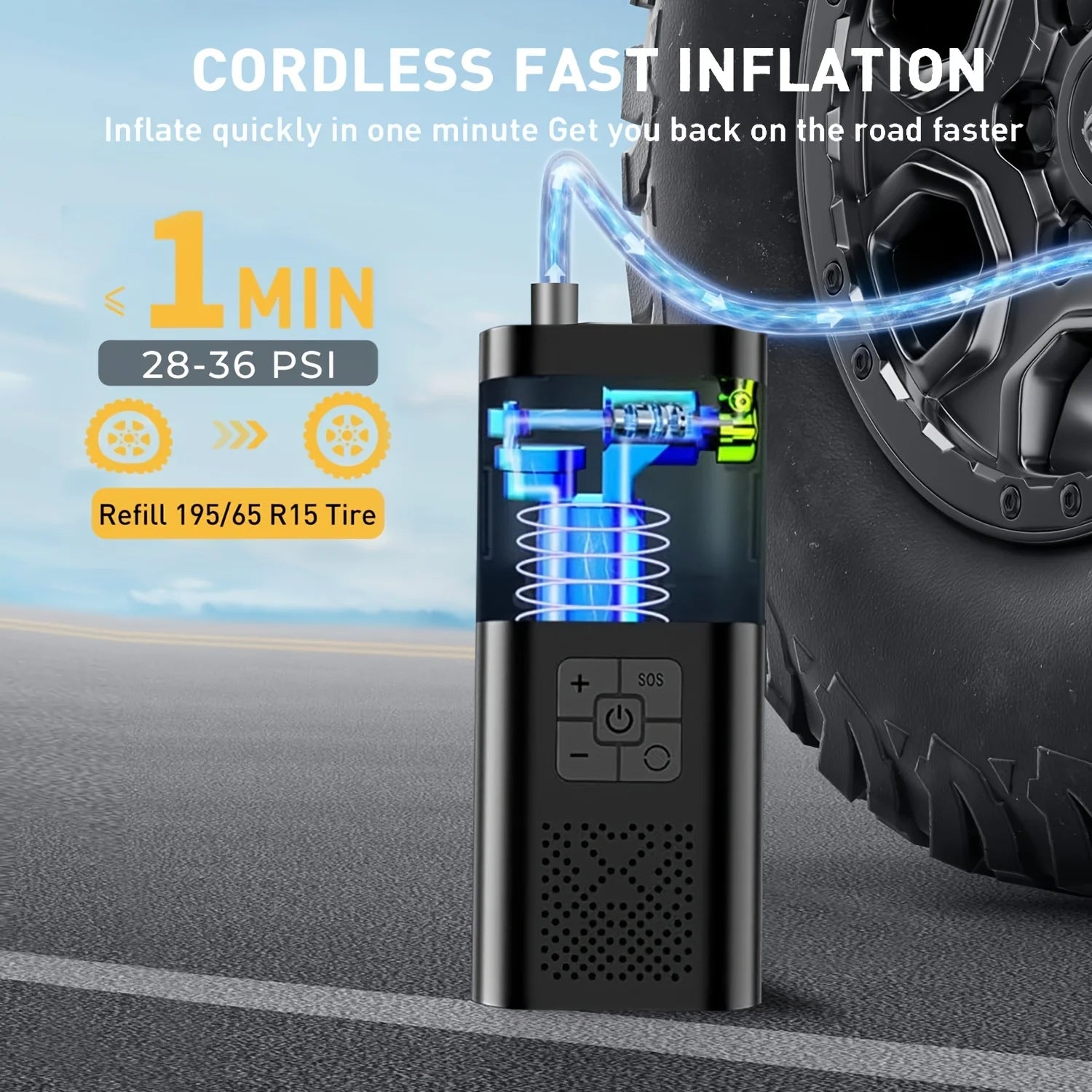 Close-up of the digital pressure gauge on the portable car air compressor showing inflation settings.