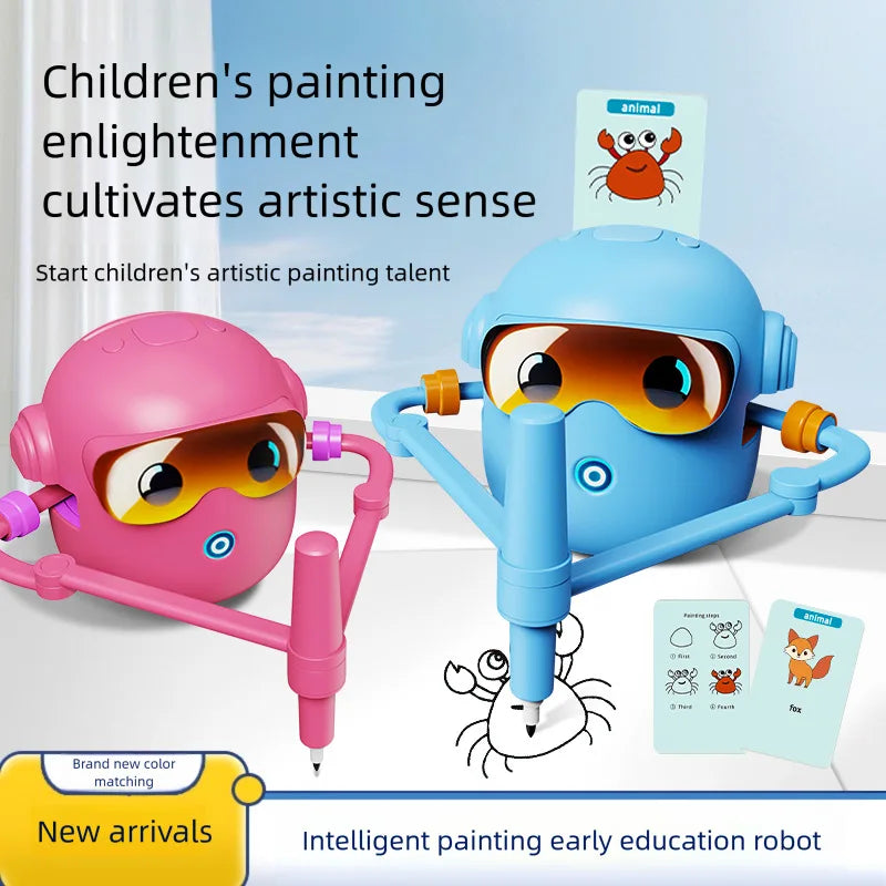 Child using intelligent drawing robot toy to learn art and develop creativity at home