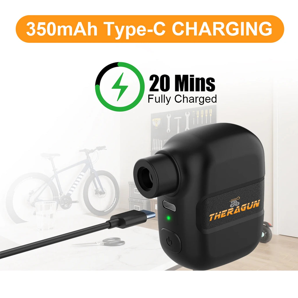 Rechargeable electric bike inflator showing the universal adapter setup for Presta and Schrader tire valves.