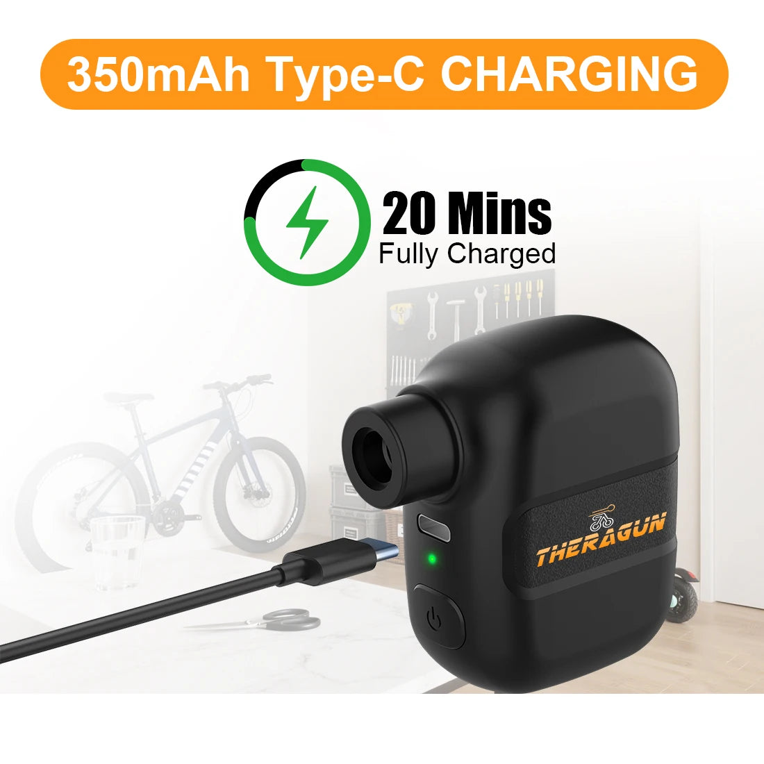 Rechargeable electric bike inflator showing the universal adapter setup for Presta and Schrader tire valves.