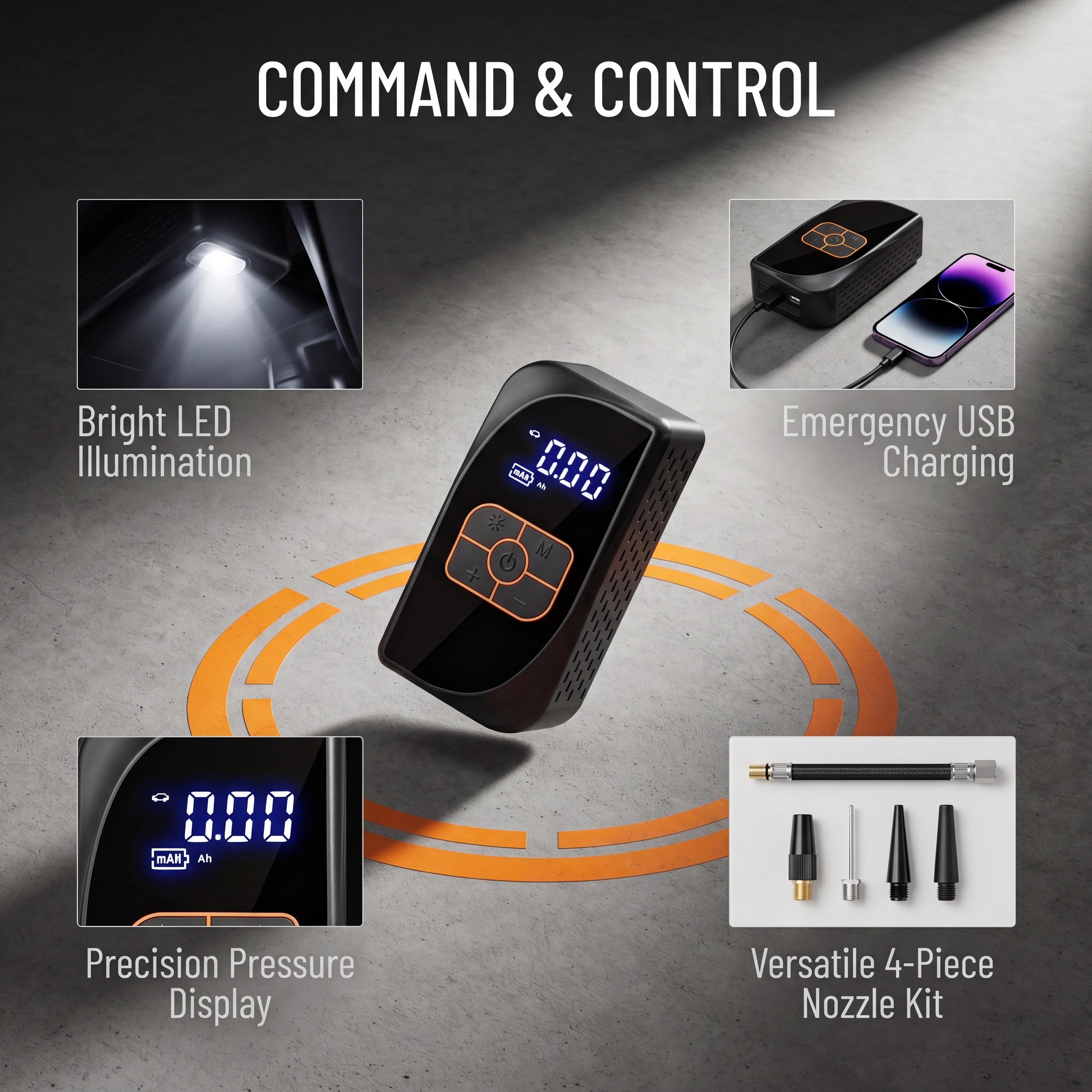 Built-in bright emergency LED flashlight and SOS light feature on the portable electric air pump at night.