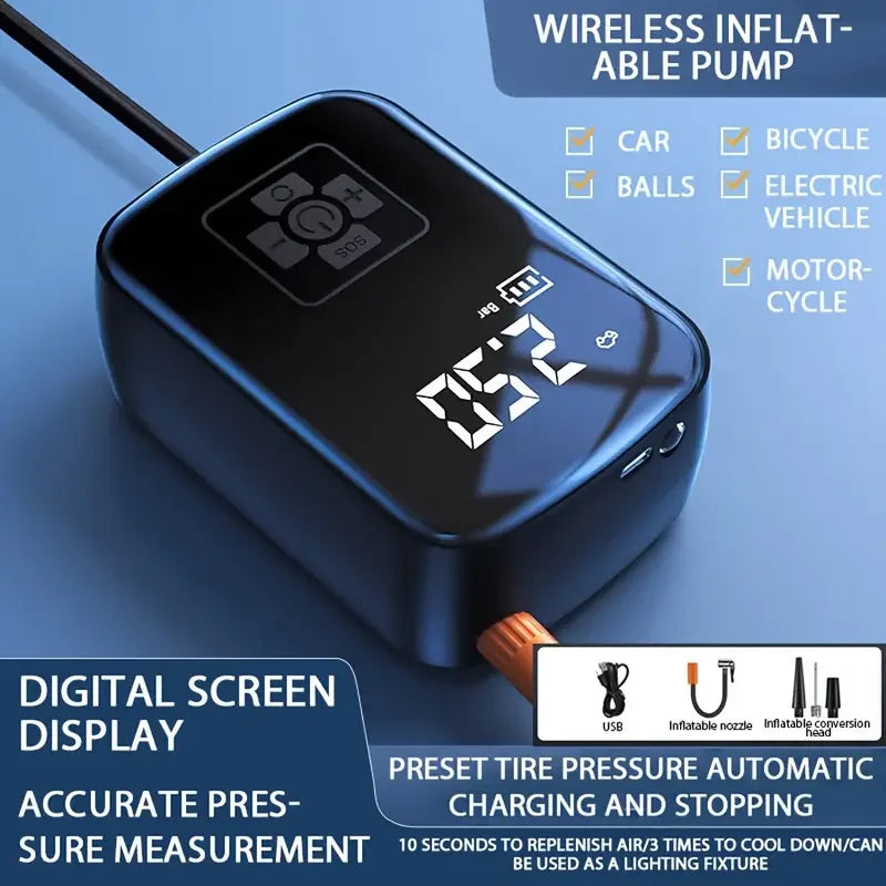 Digital screen display and bright emergency LED flashlight illuminated on the wireless air compressor.