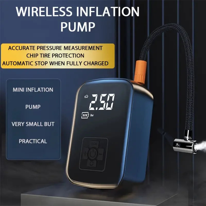Wireless heavy-duty electric tire inflator pumping air into a large vehicle tire on the roadside.