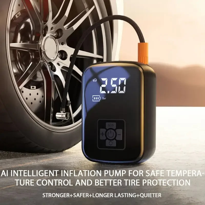 Heavy-duty wireless car air compressor and electric tire inflator with premium rugged casing.