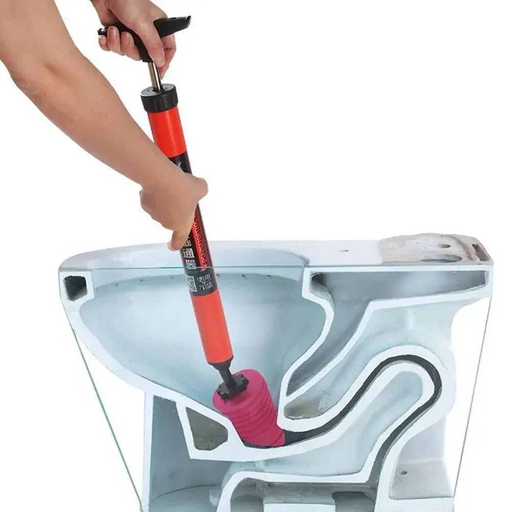 Heavy-duty high-pressure toilet plunger with an integrated air pressure gauge and sleek handle design.