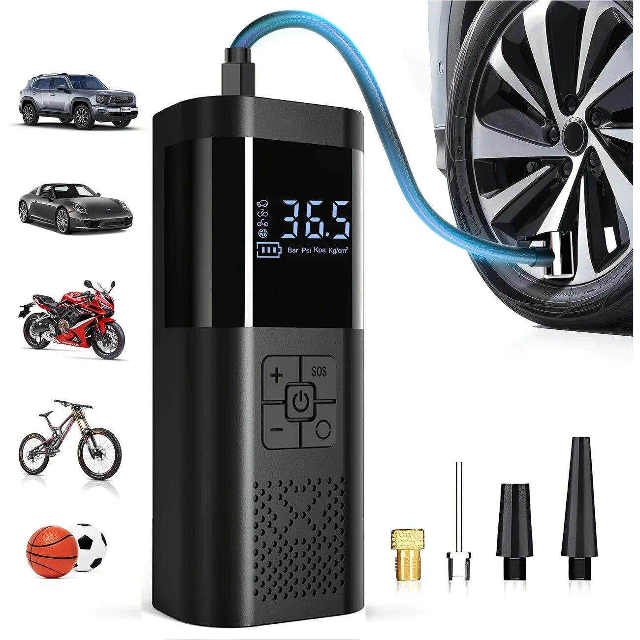Portable cordless tire inflator pump with 150PSI capacity and digital gauge for vehicles.
