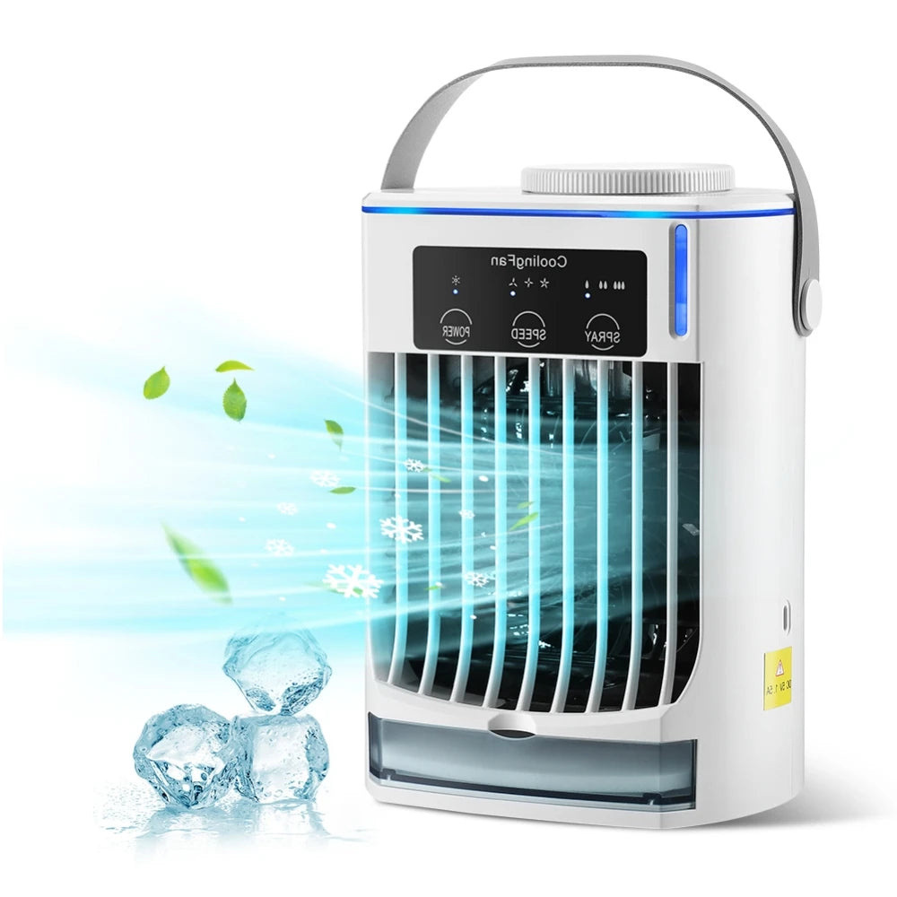Portable desktop air cooler with dual ultrasonic mist spray in white USB powered
