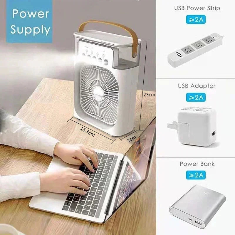 USB portable air cooler with 600ml ice water tank placed on office desk blowing cool mist