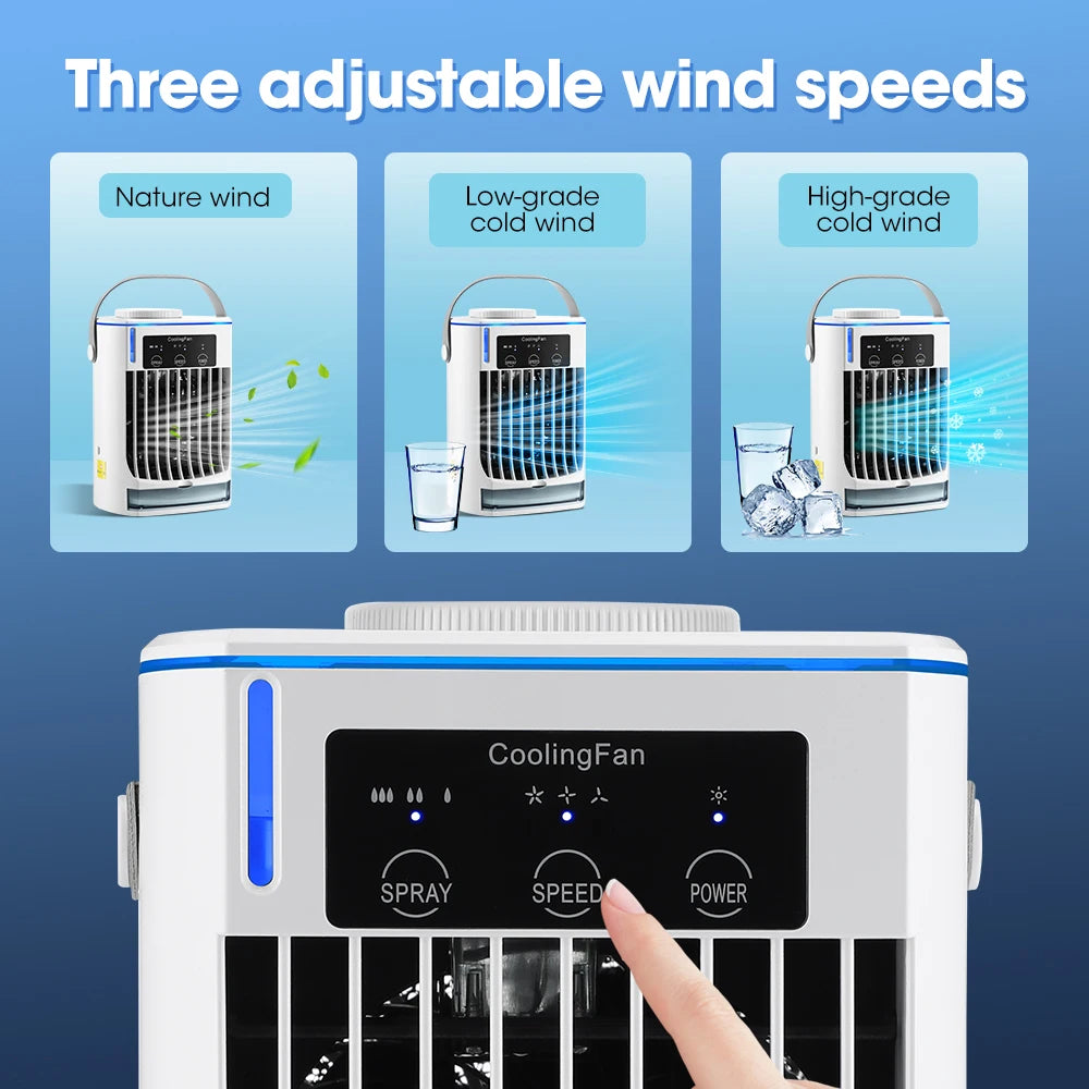 USB rechargeable personal air cooler blowing cool ultrasonic mist on office desk
