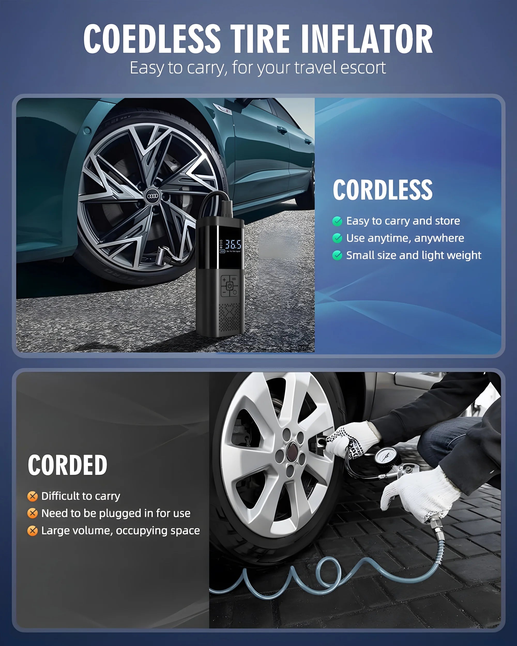 Using the cordless portable air compressor to inflate a car tire on the roadside.