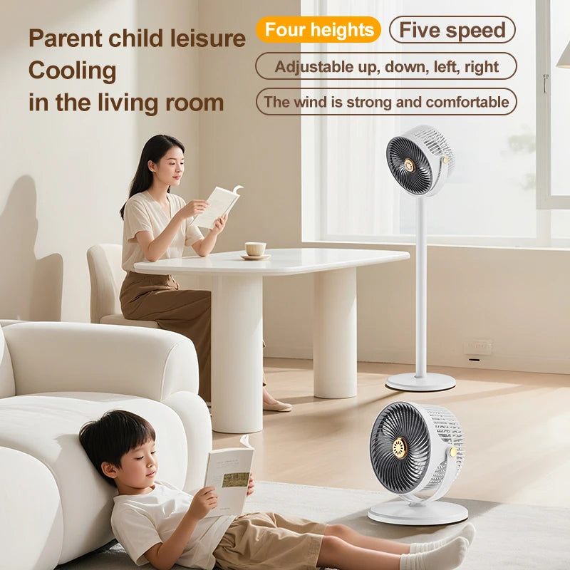 Height adjustable wireless cooling fan in use on a desk in a home office or dormitory.